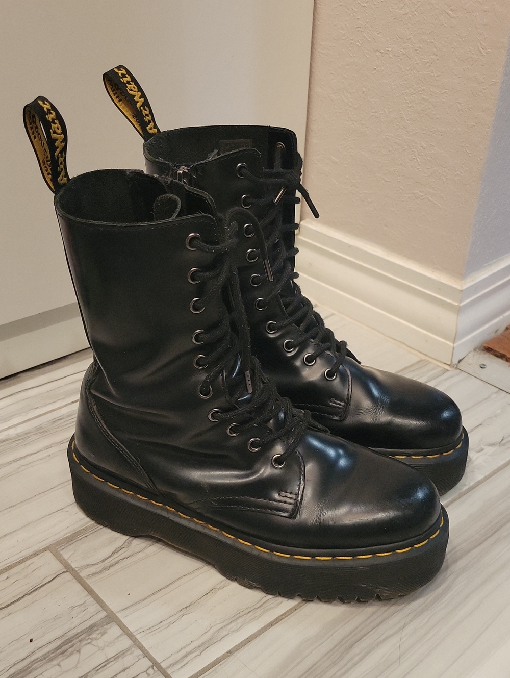 Dr. Martens Black Jadon Hi Platform Lace-Up Boots with Yellow Stitching